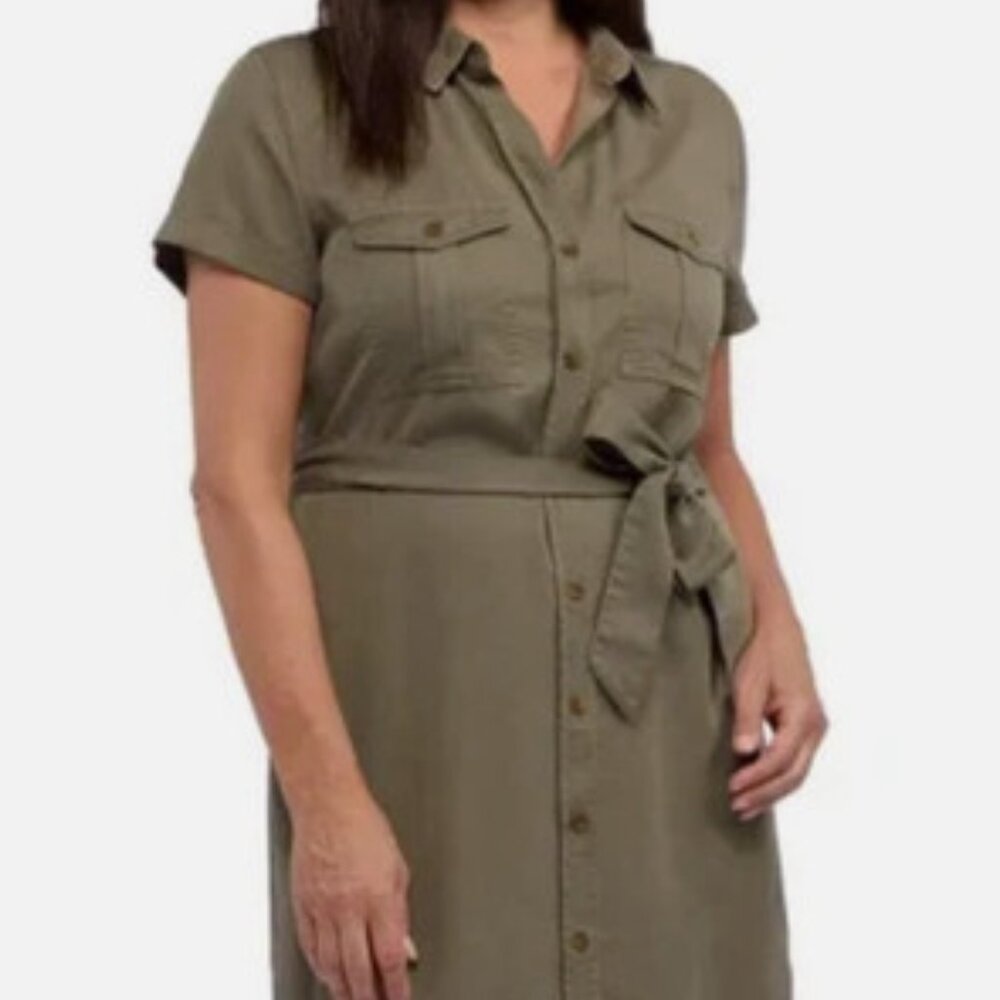 Teddi Rose Women's Size Large Short Sleeve Belted Green Tencel Shirt Dress NWT